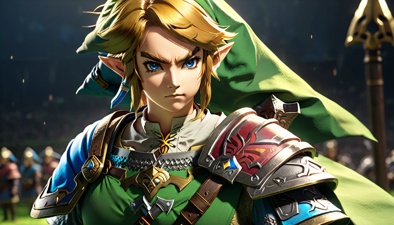 a young anime-style warrior, wielding the master_sword and shield_hyrule, ready for battle, dynamic fantasy scene, plain background, (best quality,4k,8k,highres,masterpiece:1.2),ultra-detailed,(realistic,photorealistic,photo-realistic:1.37),dynamic lighting,cinematic angle,highly detailed armor and equipment,vivid colors,fantasy art style, tphrlnk
