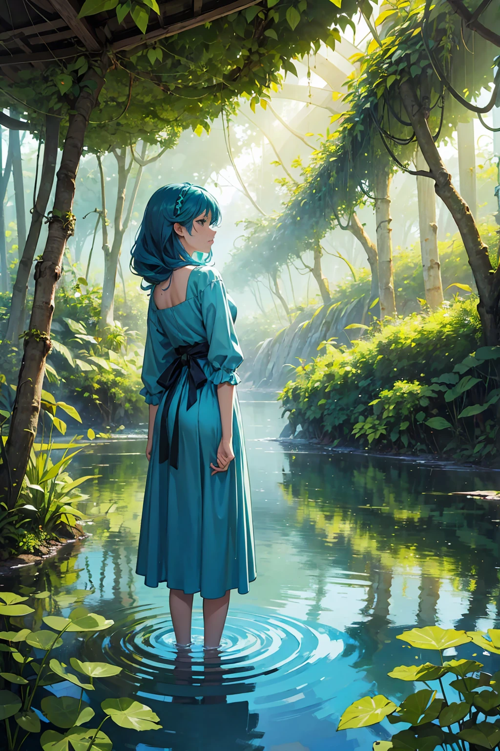 ((work of art, best qualityer)) Personagem 3 Fuuka, 1 girl, standing alone, water hair, shorth hair, in a lush jungle with vibrant flowers, from behind, Looking back