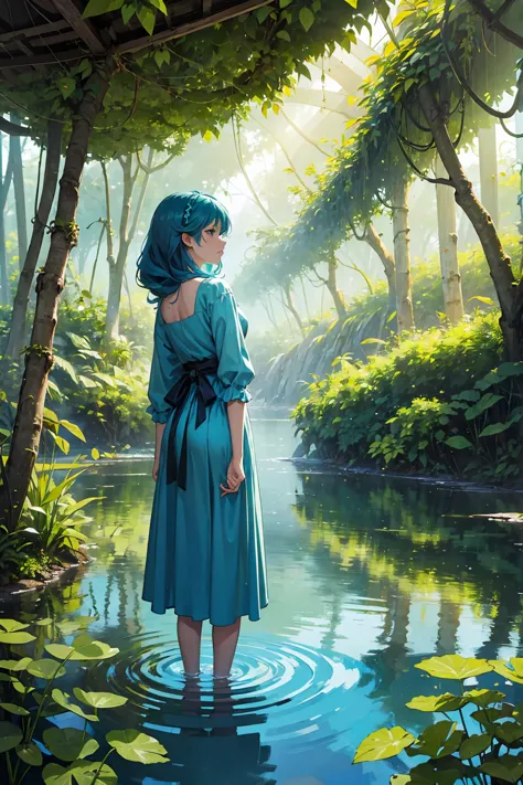 ((work of art, best qualityer)) personagem 3 fuuka, 1 girl, standing alone, water hair, shorth hair, in a lush jungle with vibra...