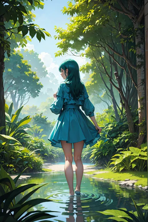 ((work of art, best qualityer)) personagem 3 fuuka, 1 girl, standing alone, water hair, shorth hair, in a lush jungle with vibra...