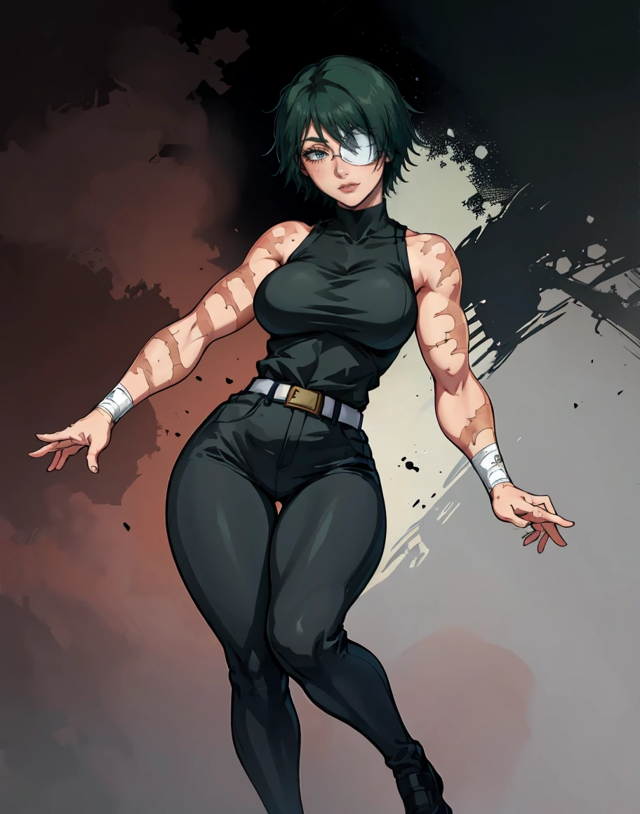 (masterpiece:1.2, best quality:1.2, beautiful, high quality, highres:1.1), 1girl, detailed, short hair, short fluffy hair, short green hair, extremely detailed 4K, perfect eyes, perfect face, black crop top, showing abs, black tucked in pants, small belt, white belt, black shoes, only 1 girl, visible bandaid, 1 eye, bandaid covering eye, other eye covered, eye covered with bandaid, full body, curvy body, circle arms, serious gaze, ready for battle, combat face, nice view, sexy, glasses, circle shaped glasses, yellow shiny eyes, yellow colored eyes, Bandaid on face, posing, hands, arms, scars on arms, scars on face, scars on cheek, bangs, really short hair, scars on body, Maki Zenin eyes, perfect eyes, scars on face, dangerous, eye patch, white bandage on eye, yellow colored eyes, exotica, scar on face, scar on cheeks, visible scars on cheeks, bandage on eye, scar on eye, Maki Zenin, scar on body, very short hair, circle glasses, dark scars on face, Maki Zenin LoRA, black shirt, scar on eye, scars, sleeveless, crop top, beautiful face, perfect lighting, (1girl, solo, adult female, mature female), thin, lithe body, Maki Zenin, green hair, glasses, (big breasts), ((sensual seductive))