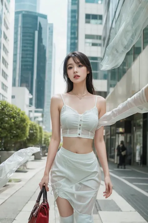White dress with open chest、A slit that reveals underwear、Fishnet tights