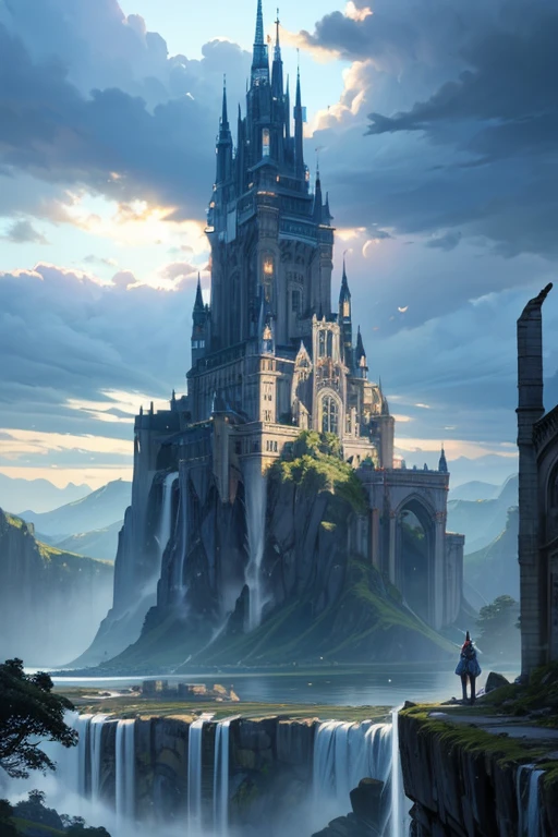 Huge castles and skyscrapers floating in the sky Cyberpunk Isekai Fantasy Top Quality Ultra High Definition Utopia 8K Giant Waterfall Mother Nature