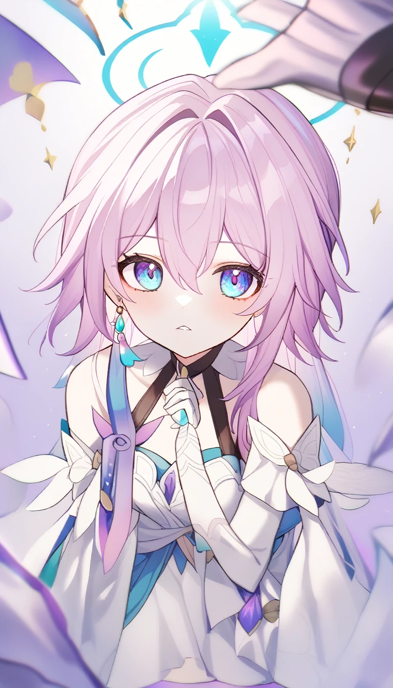 1girl, robin_\(honkai:_star_rail\), bare_shoulders, head_wings, white_dress, white_gloves, detached_sleeves, short_sleeves, aqua_eyes, long_hair, halo, purple_dress, hair_between_eyes, earrings, purple_hair