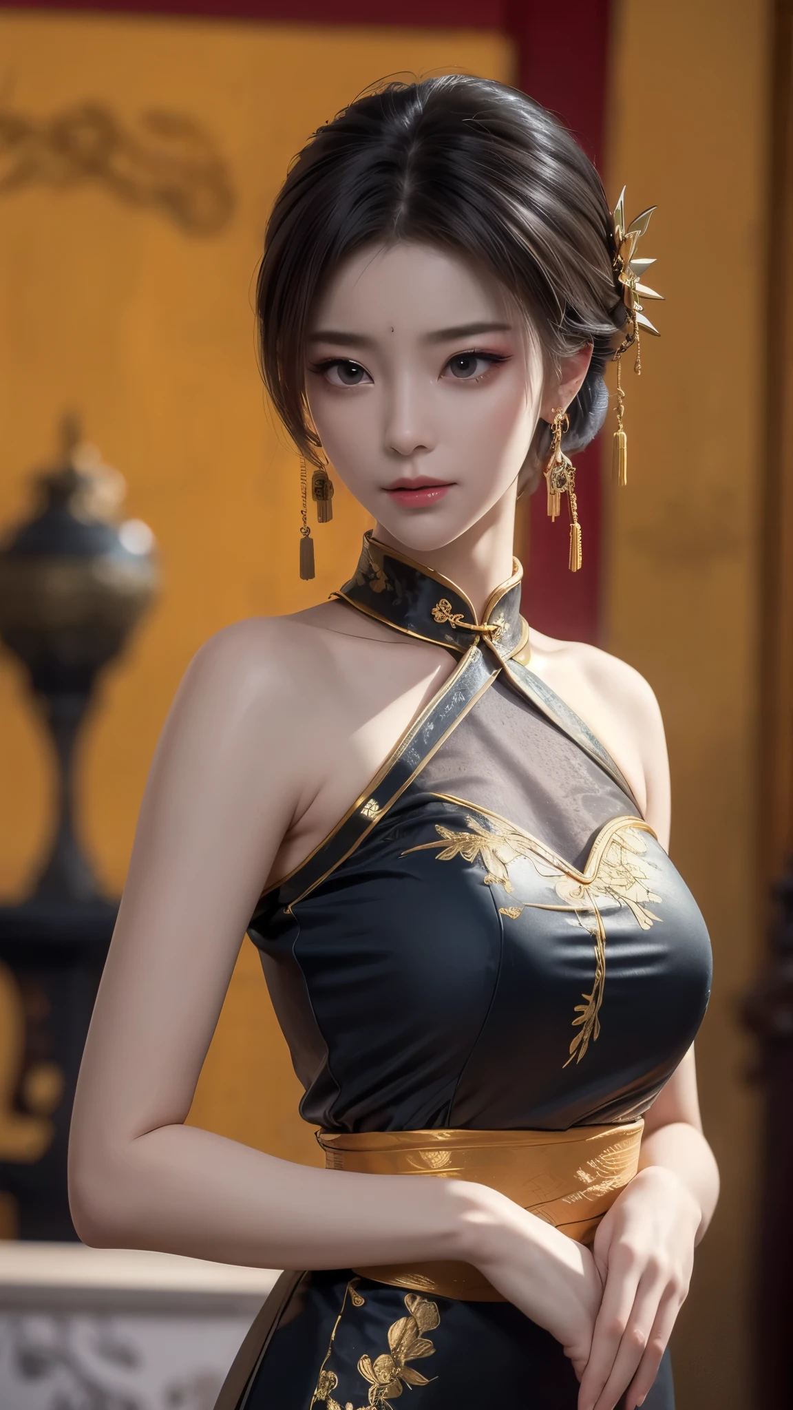 With short white hair，Standing to greet，((masterpiece)),high resolution, ((best quality))，masterpiece，Top quality，Best quality，Exquisite facial features，Looking at the audience, Light and shadow intertwine，White skin，Smiling，Close-up of confident woman wearing white Chinese cheongsam, cheongsam, 