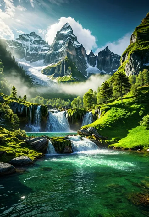 cinematic landscape, epic alpine mountains, towering snow-capped peaks, dramatic rocky cliffs, cascading waterfall, lush green f...