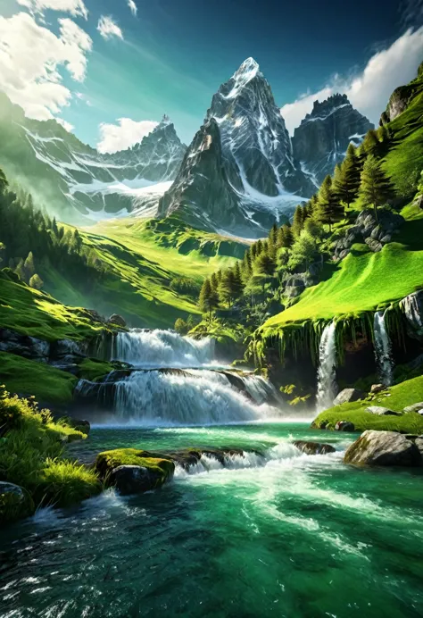 cinematic landscape, epic alpine mountains, towering snow-capped peaks, dramatic rocky cliffs, cascading waterfall, lush green f...