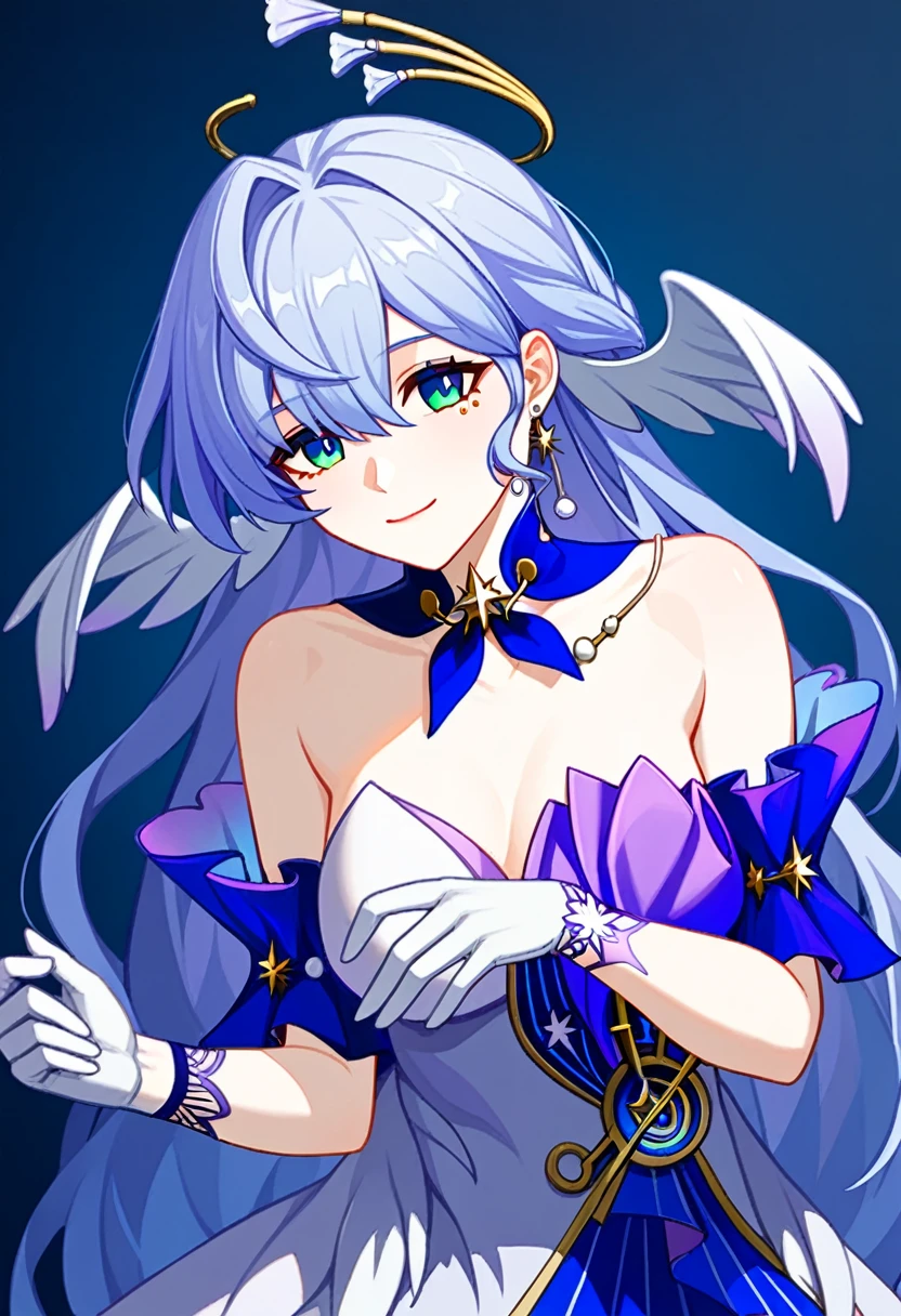 1girl, robin_\(honkai:_star_rail\), bare_shoulders, head_wings, white_dress, white_gloves, detached_sleeves, short_sleeves, aqua_eyes, long_hair, halo, purple_dress, hair_between_eyes, earrings, purple_hair