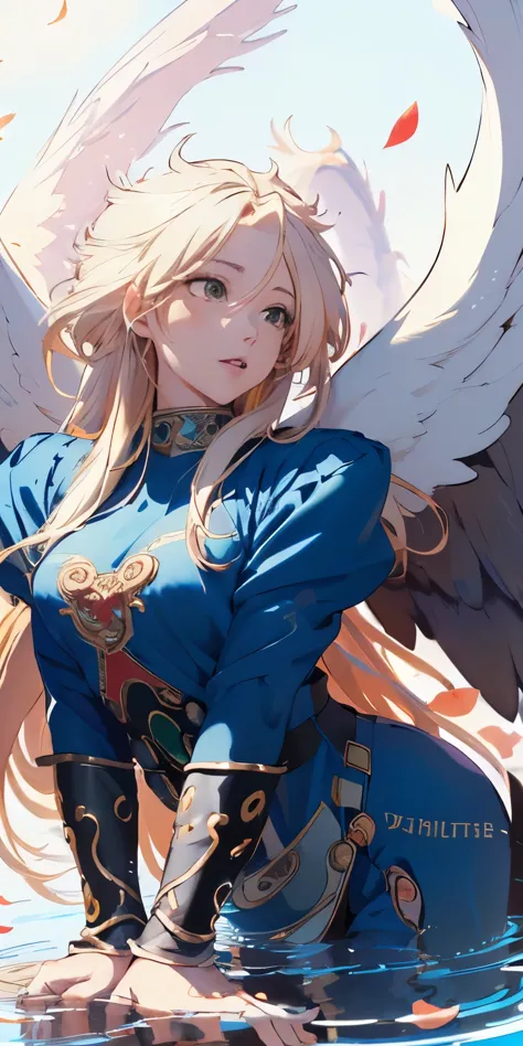 masterpiece, Highest quality, figure, One girl, alone, what, (Long golden hair), (Big black wings:1.3), (Blue clothes:1.3), Shar...