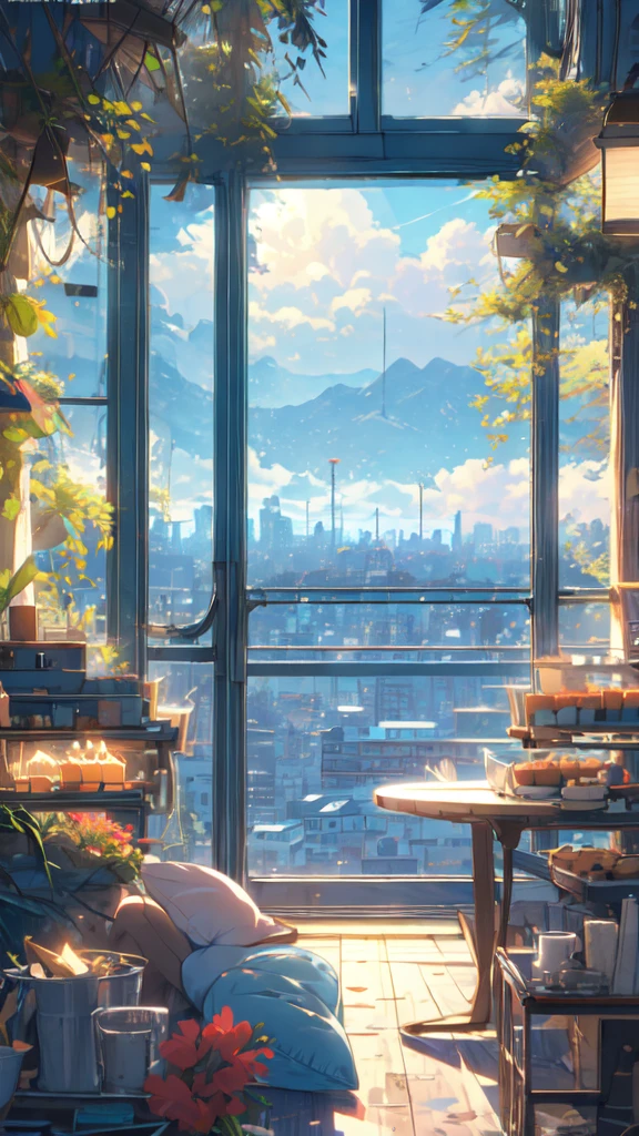 (masterpiece:1.2), Highest quality,Pixiv,Pleasant animation scenes,
scenery, cityscape, city, nullscraper, building, window, cloud, null, food, indoor, computer, Book, bed, table, clock, pillow, No humans, Chair, cake, monitor, cup, dish, nullline, Lie in, High resolution, High resolutionR, 8K