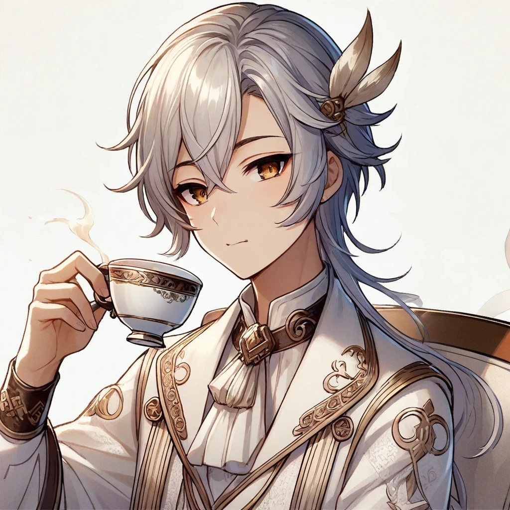 A silver-haired man drinking tea
