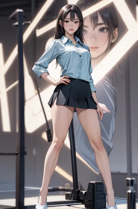 ((masterpiece, best quality)),((highres:1.2)), 1 Girl, solo, Blurred Background,  Thighs, (Stripe underwear), pencilskirt