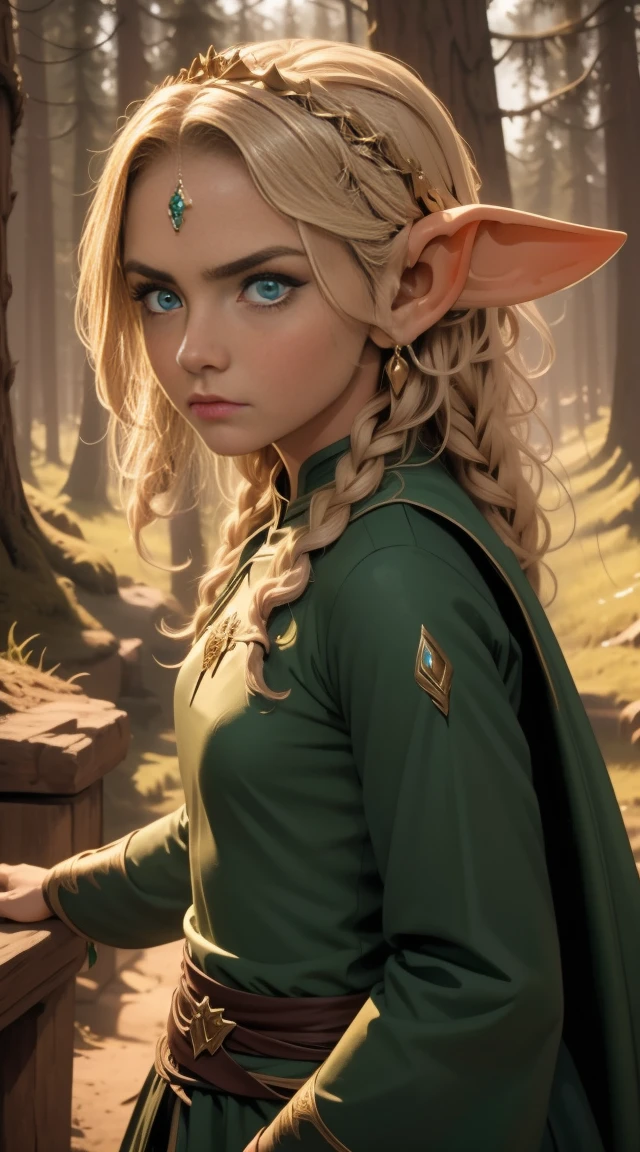 (Una princesa elfa) adolescente, Corajudo, cruel, Pelo rubio, en posición de lucha. Una cara desdeñosa, cara maligna, ropa verde. ojos cian, una pequeña corona en la cabeza. frente a un fondo de bosque