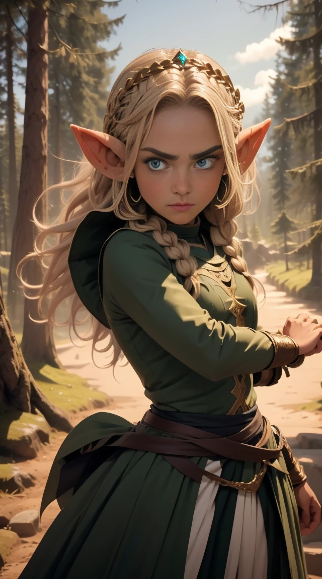 (An elven princess) adolescent, Coraggioso, cruel, hair blonde, in a fighting stance. A disdainful face, cara maligna, green clothing. cyan eyes, a small crown on the head. in front of a forest background