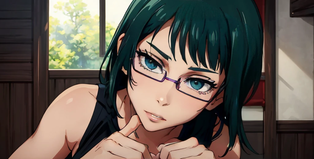 (masterpiece:1.2, best quality:1.2, beautiful, high quality, highres:1.1), detailed, extremely detailed 4K, perfect eyes, perfect face, perfect lighting, (1girl, solo, adult female, mature female), thin, lithe body, Maki Zenin, green hair, glasses, (big breasts), ((sensual seductive))