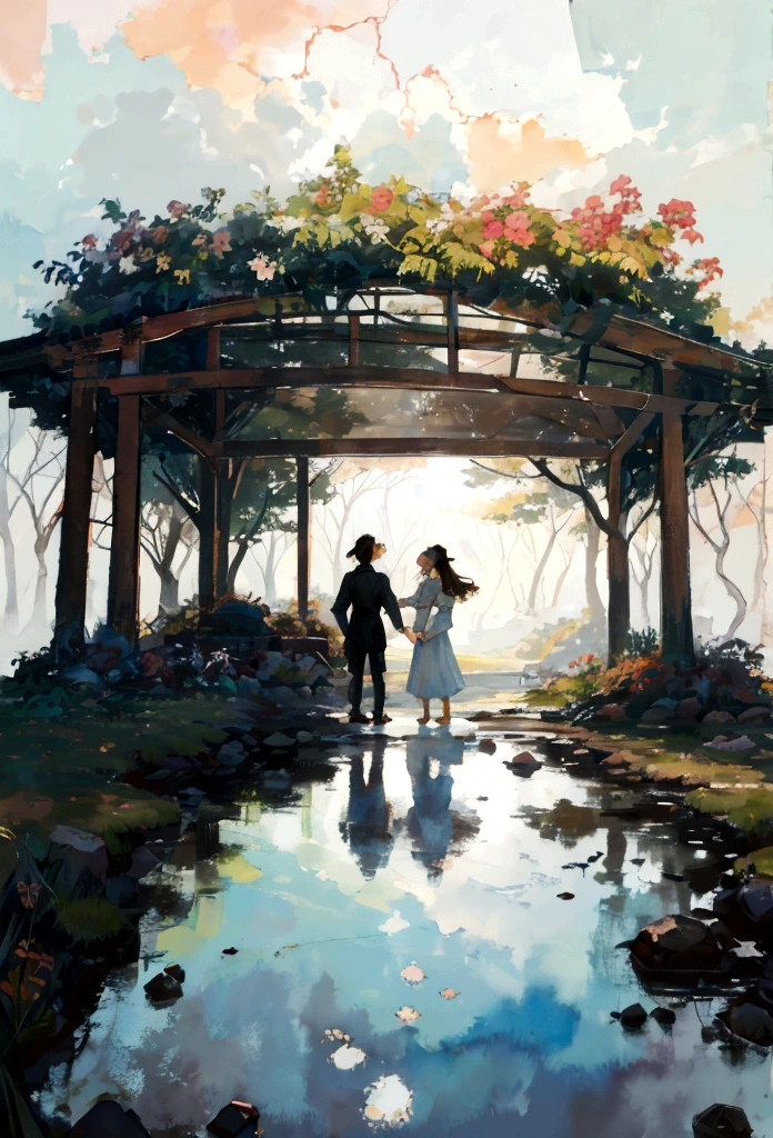 A watercolor painting of two people standing together, hands clasped, with a subtle gradient of colors in the background, evoking a sense of nostalgia and longing. The scene captures the quiet moments they share, with whispers and unspoken words. The style blends soft, dreamy hues with subtle textures, reminiscent of vintage photographs. The overall mood is contemplative, reflecting the introspective nature of the reflectrion love and Distance.
