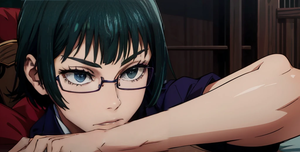 (masterpiece:1.2, best quality:1.2, beautiful, high quality, highres:1.1), detailed, extremely detailed 4K, perfect eyes, purple glasses, perfect face, perfect lighting, (1girl, solo, adult female, mature female), thin, lithe body, Maki Zenin, green hair, glasses, (big breasts), ((sensual seductive))