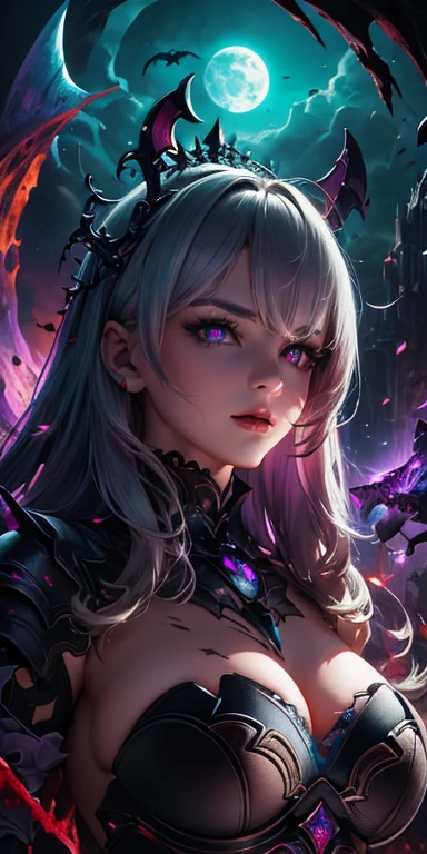 Fine Art, (Best Illustration), 8k Resolution, (Intricate Details:1.2), Best Quality, Realistic, Ultra Detailed, Best Lighting, Best Shadows, Ultra HD, Busty Female Necromancer, Night Magic, Dark Style, Vampire Bats Flying in the Castle Background, Purple glowing eyes, Blood moon rising against the sky, (Amber and Teal Color palette)