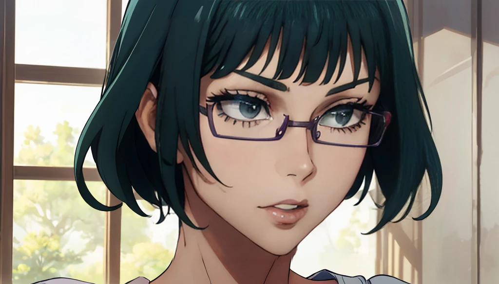 (masterpiece:1.2, best quality:1.2, beautiful, high quality, highres:1.1), detailed, extremely detailed 4K, perfect eyes, purple glasses, perfect face, perfect lighting, (1girl, solo, adult female, mature female), thin, lithe body, Maki Zenin, green hair, glasses, (big breasts), ((sensual seductive))