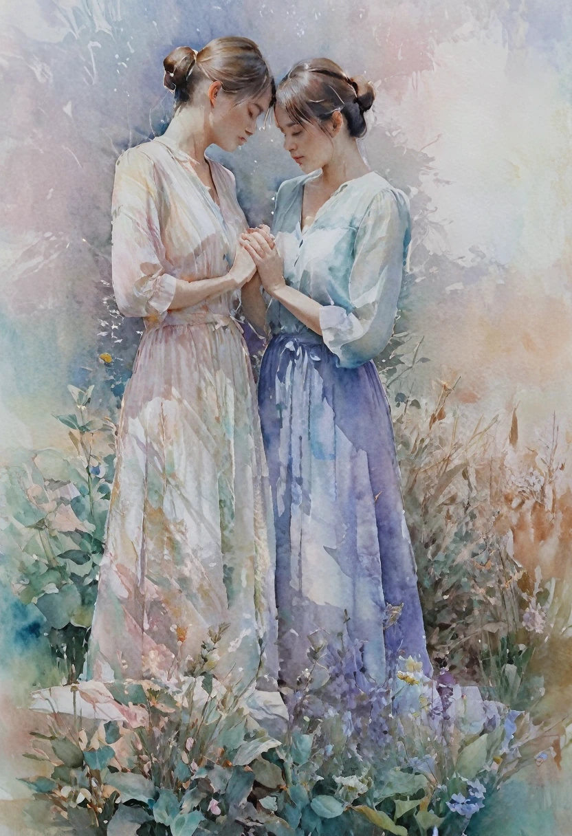 A watercolor painting of two people standing together, hands clasped, with a subtle gradient of colors in the background, evoking a sense of nostalgia and longing. The scene captures the quiet moments they share, with whispers and unspoken words. The style blends soft, dreamy hues with subtle textures, reminiscent of vintage photographs. The overall mood is contemplative, reflecting the introspective nature of the reflectrion love and Distance.
