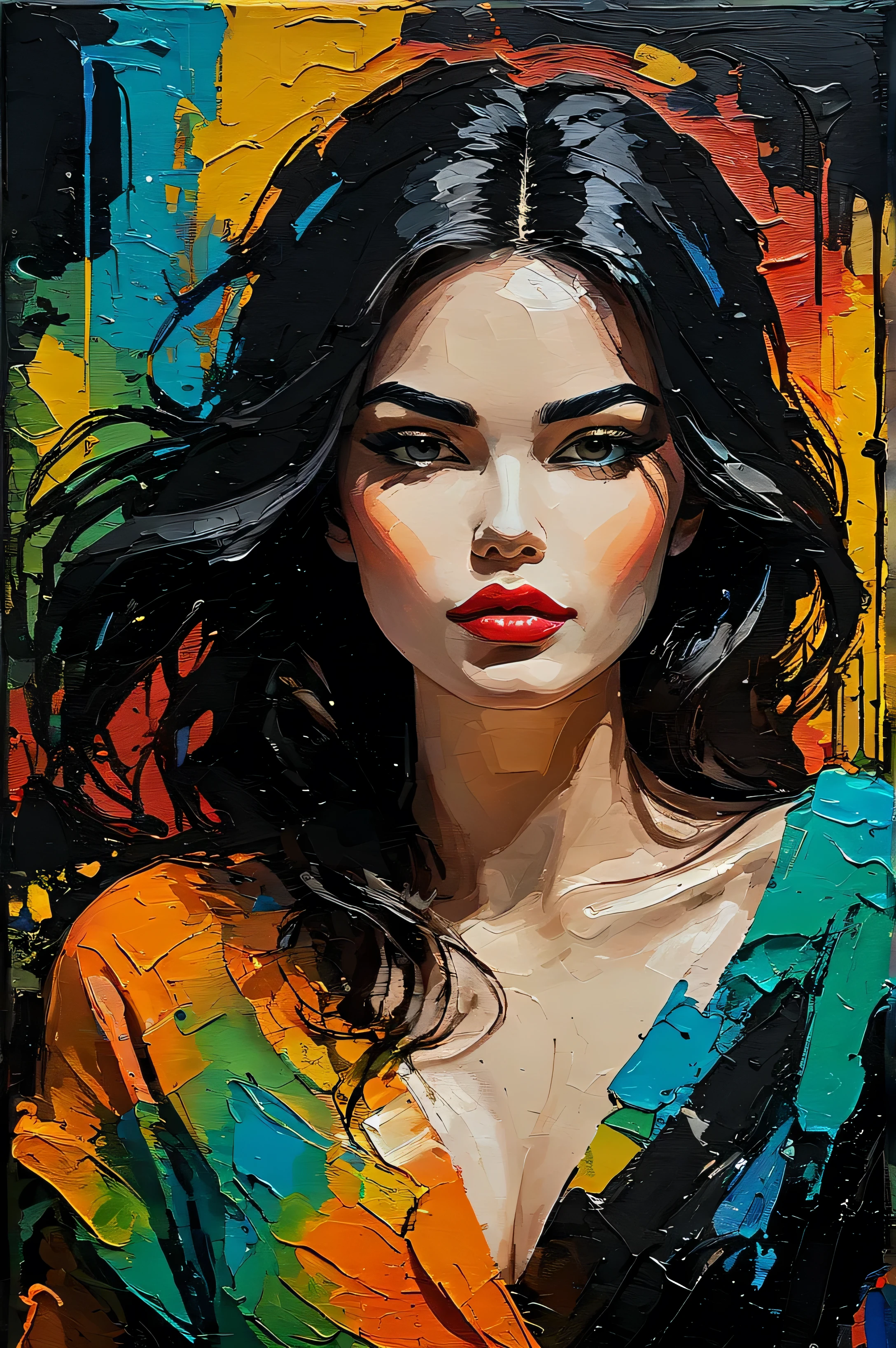 amazing woman, brut style art, characterized by bright and bold colors, thick textured paint, intense black strokes, and amazed details ral-drptpl 