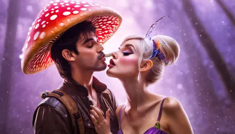 a pixie man kisses a tall fairy under a magic mushroom