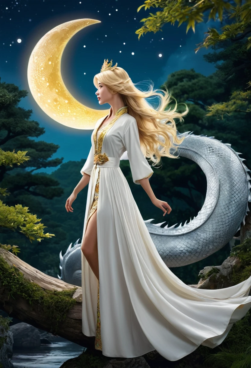 princesse (cheveux blond, porter une robe longue, tenant une baguette magique), arrière-plan (forêt, lune), Dragon chinois (Un, dragon d&#39;or à cinq griffes, deux ailes), princesse chevauchant un dragon  