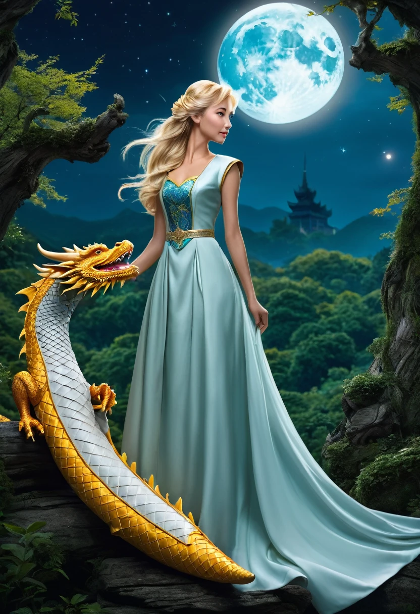 princesse (cheveux blond, porter une robe longue, tenant une baguette magique), arrière-plan (forêt, lune), Dragon chinois (Un, dragon d&#39;or à cinq griffes, deux ailes), princesse chevauchant un dragon  