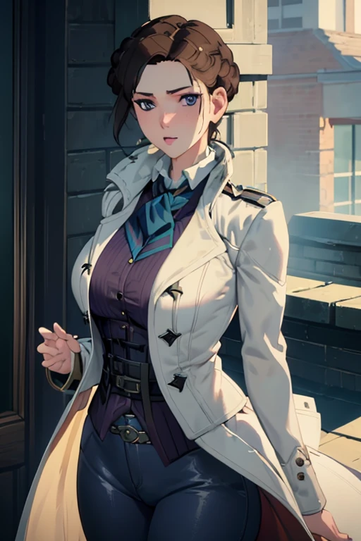 evie, ((masterpiece)), ((best quality)), (white long coat), coat on shoulders,white navy soldier uniform ,(epaulettes), purple shirt, blue pants, upper body, looking at viewer, large breasts ,(hd), (full body shot), (high resolution)