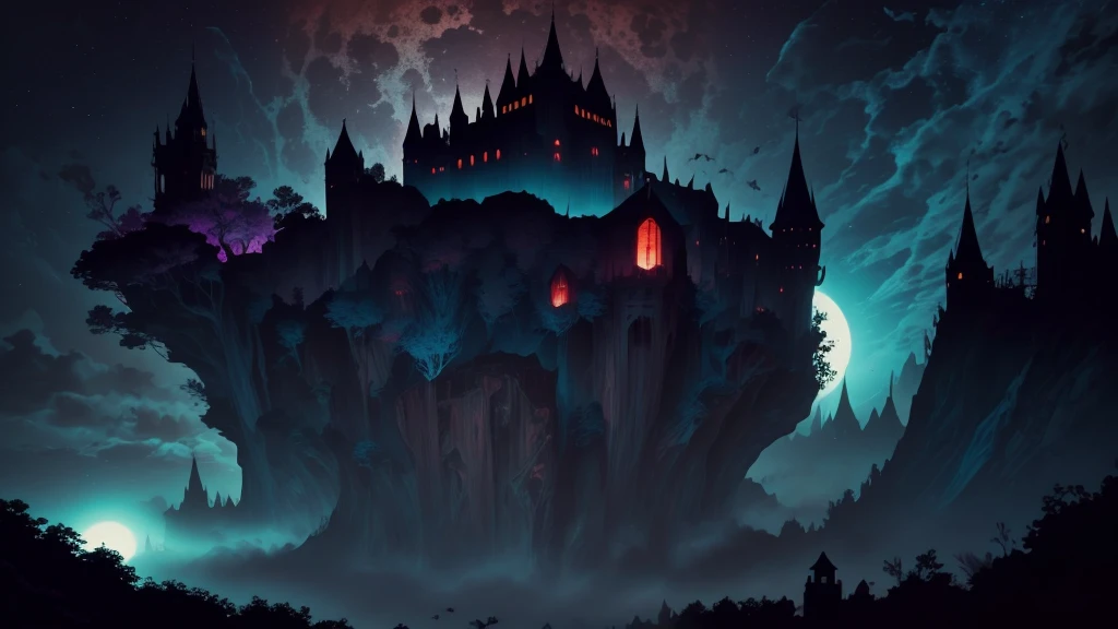 Fine Art, (line Illustration), 8k Resolution, (Intricate Details:1.2), Best Quality, Realistic, Ultra Detailed, Best Lighting, Best Shadows, Ultra HD, Busty Female Necromancer, Night Magic, Dark Style, Vampire Bats Flying in the Castle Background, Purple glowing eyes, Blood moon rising against the sky, (Amber and Teal Color palette)