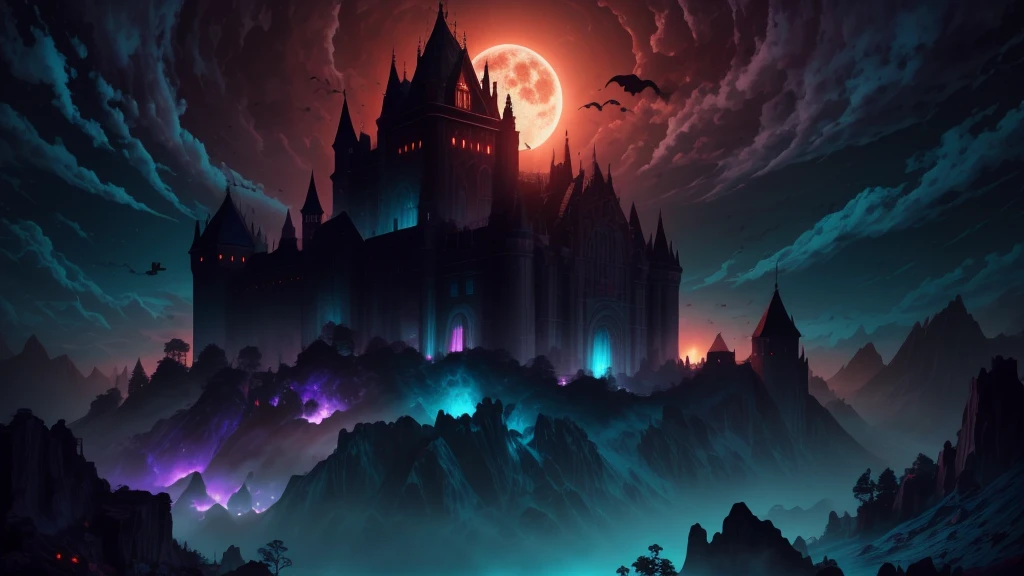 Fine Art, (line Illustration), 8k Resolution, (Intricate Details:1.2), Best Quality, Realistic, Ultra Detailed, Best Lighting, Best Shadows, Ultra HD, Busty Female Necromancer, Night Magic, Dark Style, Vampire Bats Flying in the Castle Background, Purple glowing eyes, Blood moon rising against the sky, (Amber and Teal Color palette)