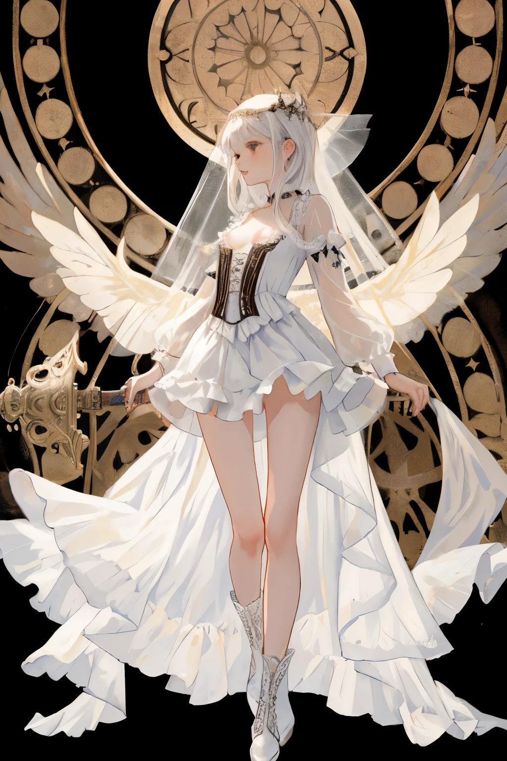  ((best quality)), ((masterpiece)), (detailed), a heavenly female knight, imposing, biblical, NSFW, long white grey hair, grey white eyes, very skinny, detailed, best quality, prominent collarbones, skinny arms, flat stomach, visible hip bones, small breasts, full body, red and white clothing, occult aesthetic, occult, detailed and intricate steampunk and detailed gothic, NSFW, Fluttering lace flared long knee length dress with frilly petticoats, knee length dress, pleated petticoats, petticoats gothic, complex lace boots, gothic aesthetic, wielding a mighty sword with mechanical components, mandalas, small breasts, a fairy, various different types of insect wings, bug wings, beetle wings, NSFW, full body, whole body, body, chains, 