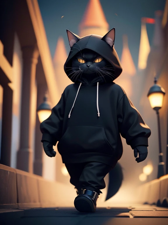 A black cat walking like a human. Wearing a black hoodie, exuding a sinister aura, a disseminator of darkness, the cat's face is round and fluffy, the background is a creepy castle, the Dark Emperor, a hateful aura, wearing a creepy mask, the texture looks like a 3D rendering or digital art.