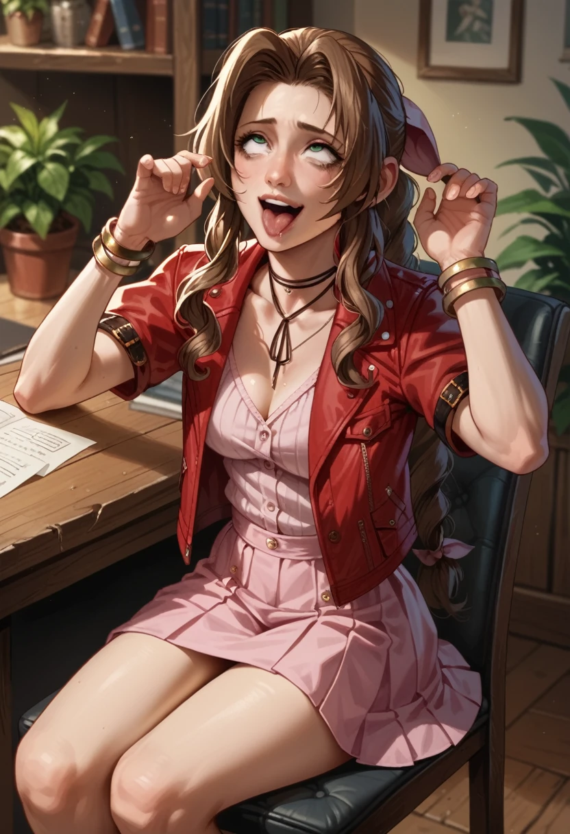 Aerith in a skirt、Pissing with eyes wide open and an ahegao face、Sitting in a chair、laughing、Rolling up the whites of one&#39;s eyes、Open your mouth so wide your jaw almost falls off and stick out your tongue、Grinning、Trance、incontinence、Completely white eyes、Looks happy