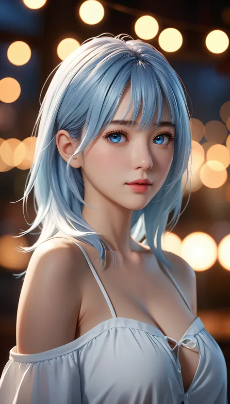 best quality, masterpiece, High resolution, portrait, actual, Deep blue eyes, light blue hair, breast, 8K resolution, high quali...