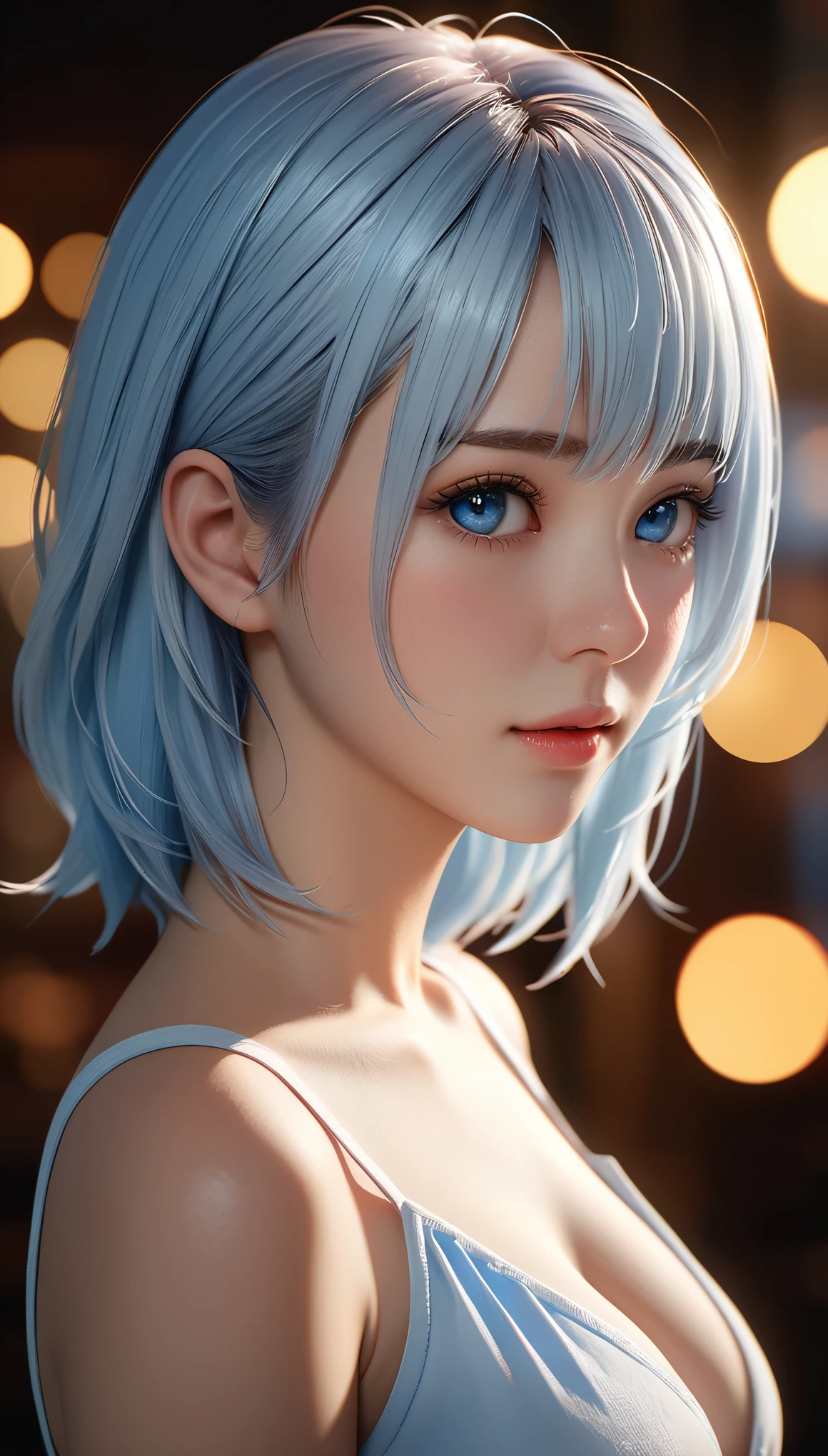 best quality, masterpiece, High resolution, portrait, actual, Deep blue eyes, light blue hair, breast, 8K resolution, high qualityCG, Beautiful CG, Soft Light, The Tyndall effect, lifelike, two-tone lighting, Side lighting, (HD Skin:1.2), 8K超高清, high quality, Volumetric lighting, confess, photography, 超High resolution, 8K, Bokeh, Shallow depth of field