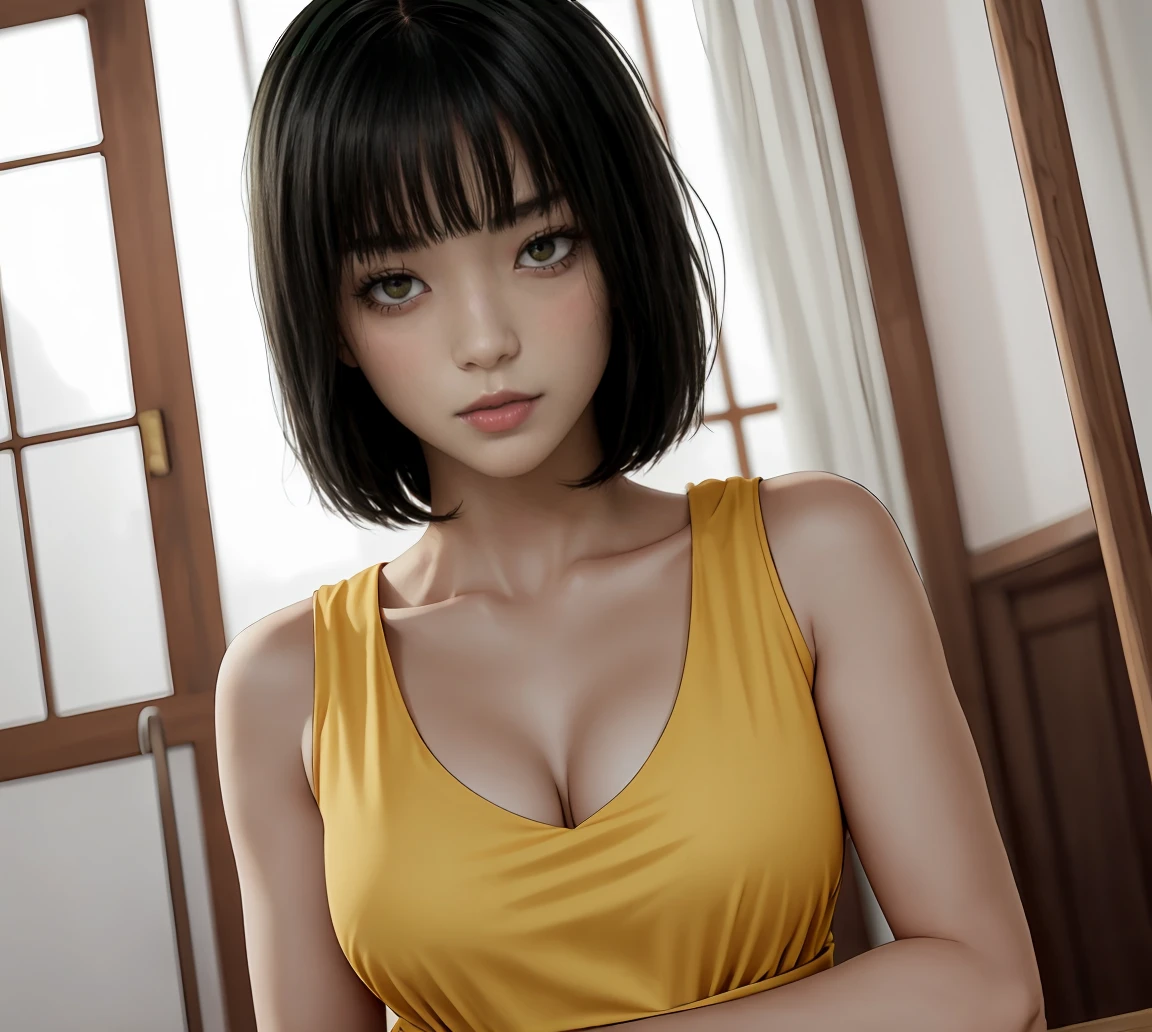 (masterpiece:1.2, best quality:1.2, beautiful, high quality, highres:1.1), detailed, extremely detailed 4K, perfect eyes, perfect face, close, close to viewer, black crop top, sleeveless shirt, very short hair, yellow colored eyes, shiny gold eyes, calm expression, big beautiful eyes, perfect lighting, beautiful face, (1girl, solo, adult female, mature female), thin, lithe body, Maki Zenin, detailed eyes, beautiful eyes, perfect eyes, self portrait, close to viewer, distracted, busy, looking away, looking to distance, short green hair, circle shaped eyes, perfect shaped eyes, clear shot of eyes, scar on body, yellow eyes, (medium breasts), ((sensual seductive))