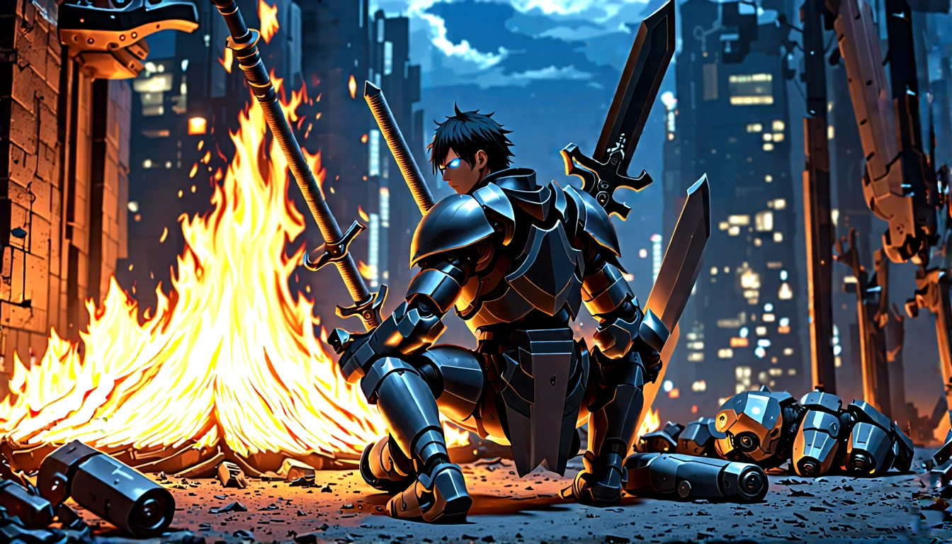 science fiction scenery, anime aestetcs, knight sitting near the bonefire, with a gigantic titanium sword behind his back, sci-fi armor, glowing element on the armor, black and dark blue armor colors, eyes glowing blue, nightt ime, broken city lights, scene after a fight, resting warrior, sad atmosphere, dystopia future city, broken robots lying around, bonefire, from side, pov, best quality, highres, 8k, award winning, high details, super detail, anatomically correct, accurate, UHD, masterpiece