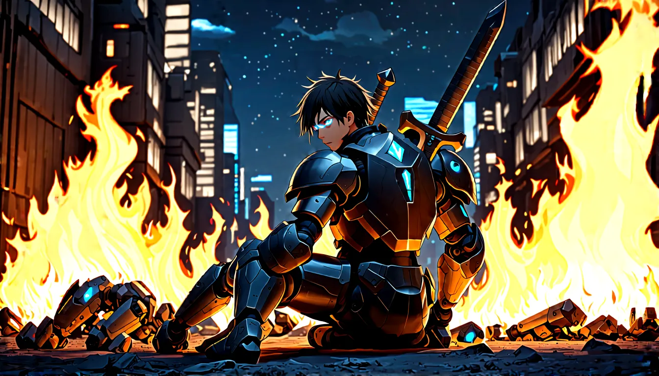 science fiction scenery, anime aestetcs, knight sitting near the bonefire, with a gigantic titanium sword behind his back, sci-f...