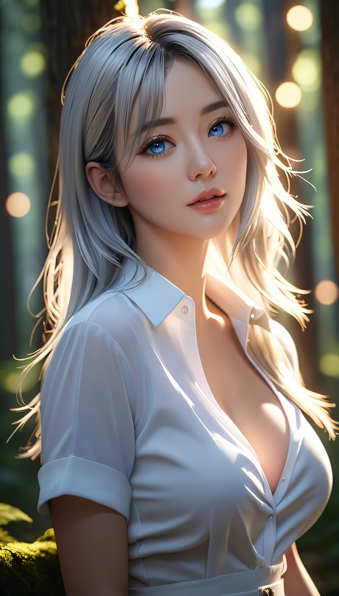 best quality, masterpiece, High resolution, portrait, actual, blue eyes, silver hair,  Large Breasts, 8K resolution, high qualityCG, Beautiful CG, Soft Light, fashion brand image, The Tyndall effect, lifelike, forest, Side lighting, (HD Skin:1.2), 8K超高清, Sexy, high quality, Volumetric lighting, confess, photography, 超High resolution, 8K, Bokeh, Shallow depth of field