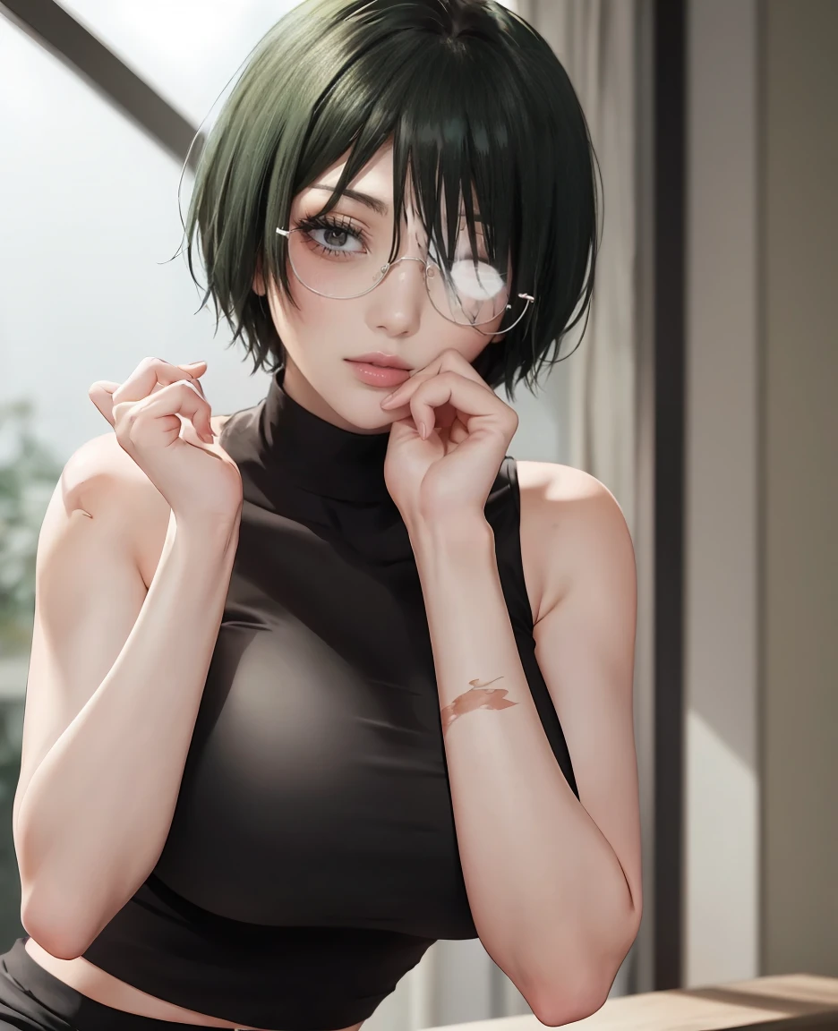 (masterpiece:1.2, best quality:1.2, beautiful, high quality, highres:1.1), 1girl, detailed, short hair, short fluffy hair, short green hair, extremely detailed 4K, perfect eyes, perfect face, only 1 girl, visible bandaid, 1 eye, bandaid covering eye, other eye covered, eye covered with bandaid, circle arms, serious gaze, ready for battle, combat face, nice view, sexy, glasses, circle shaped glasses, yellow shiny eyes, yellow colored eyes, Bandaid on face, posing, hands, arms, scars on arms, scars on face, scars on cheek, bangs, really short hair, scars on body, Maki Zenin eyes, perfect eyes, scars on face, dangerous, eye patch, white bandage on eye, yellow colored eyes, exotica, scar on face, scar on cheeks, visible scars on cheeks, bandage on eye, scar on eye, Maki Zenin, scar on body, very short hair, circle glasses, dark scars on face, Maki Zenin LoRA, black shirt, scar on eye, scars, sleeveless, crop top, beautiful face, perfect lighting, (1girl, solo, adult female, mature female), thin, lithe body, Maki Zenin, green hair, glasses, (big breasts), ((sensual seductive))