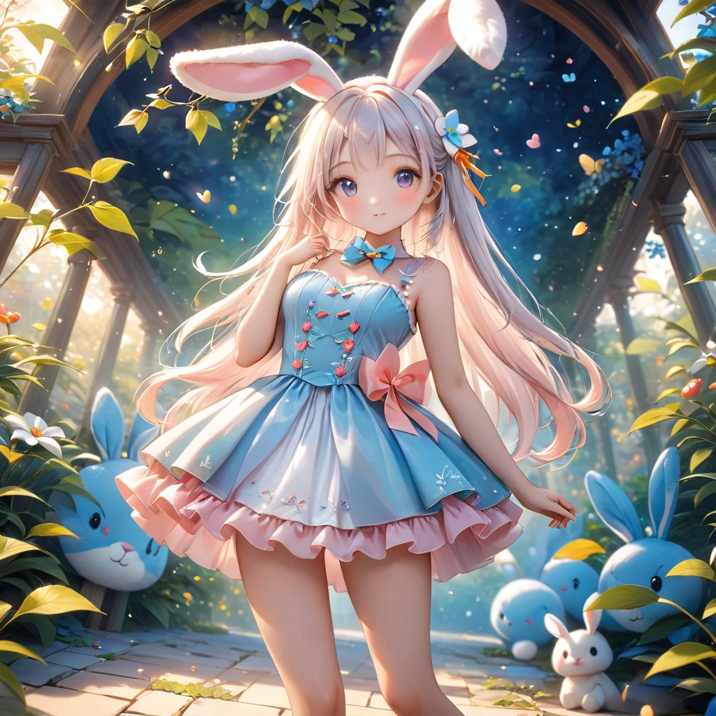 A woman wearing a furry bunny costume，Wearing big bunny ears, full-body shot, Wide Angle, Lovely又充满童真表情, Professional Portraits, Super Fine 8K, high resolution, Detailed facial features, Detailed clothing, Soft Light, excellent, fantasy, Soft colors, Lovely