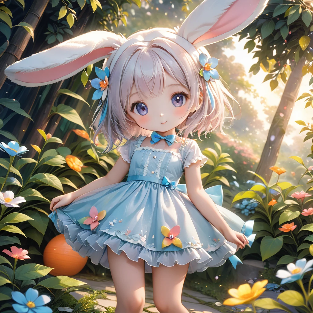 A woman wearing a furry bunny costume，Wearing big bunny ears, full-body shot, Wide Angle, Lovely又充满童真表情, Professional Portraits, Super Fine 8K, high resolution, Detailed facial features, Detailed clothing, Soft Light, excellent, fantasy, Soft colors, Lovely