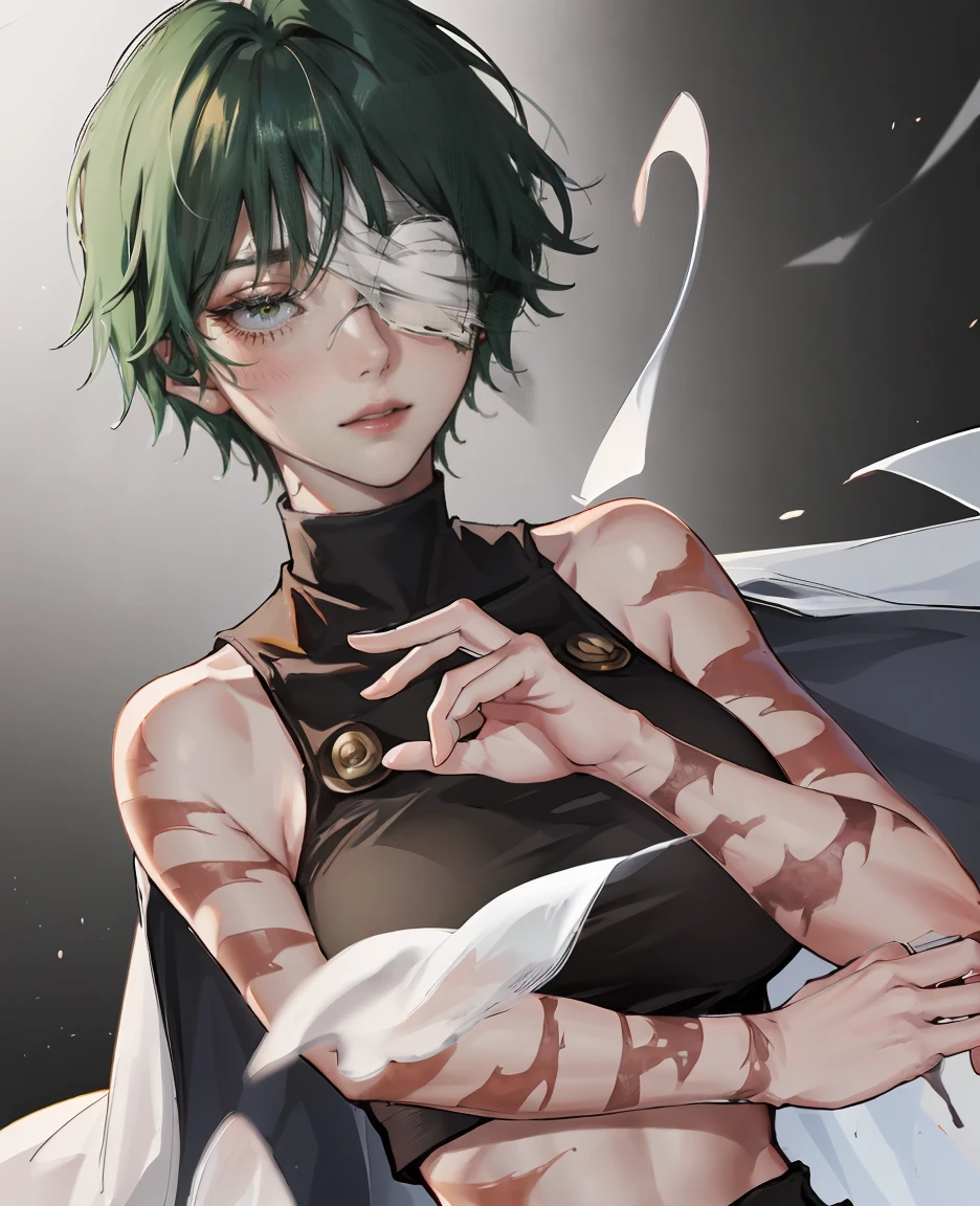 (masterpiece:1.2, best quality:1.2, beautiful, high quality, highres:1.1), 1girl, detailed, short hair, short fluffy hair, short green hair, extremely detailed 4K, perfect eyes, perfect face, only 1 girl, visible bandaid, 1 eye, bandaid covering eye, other eye covered, eye covered with bandaid, circle arms, serious gaze, ready for battle, combat face, nice view, sexy, glasses, circle shaped glasses, yellow shiny eyes, yellow colored eyes, Bandaid on face, posing, hands, arms, scars on arms, scars on face, scars on cheek, bangs, really short hair, scars on body, Maki Zenin eyes, perfect eyes, scars on face, dangerous, eye patch, white bandage on eye, yellow colored eyes, exotica, scar on face, scar on cheeks, visible scars on cheeks, bandage on eye, scar on eye, Maki Zenin, scar on body, very short hair, circle glasses, dark scars on face, Maki Zenin LoRA, black shirt, scar on eye, scars, sleeveless, crop top, beautiful face, perfect lighting, (1girl, solo, adult female, mature female), thin, lithe body, Maki Zenin, green hair, glasses, (big breasts), ((sensual seductive))