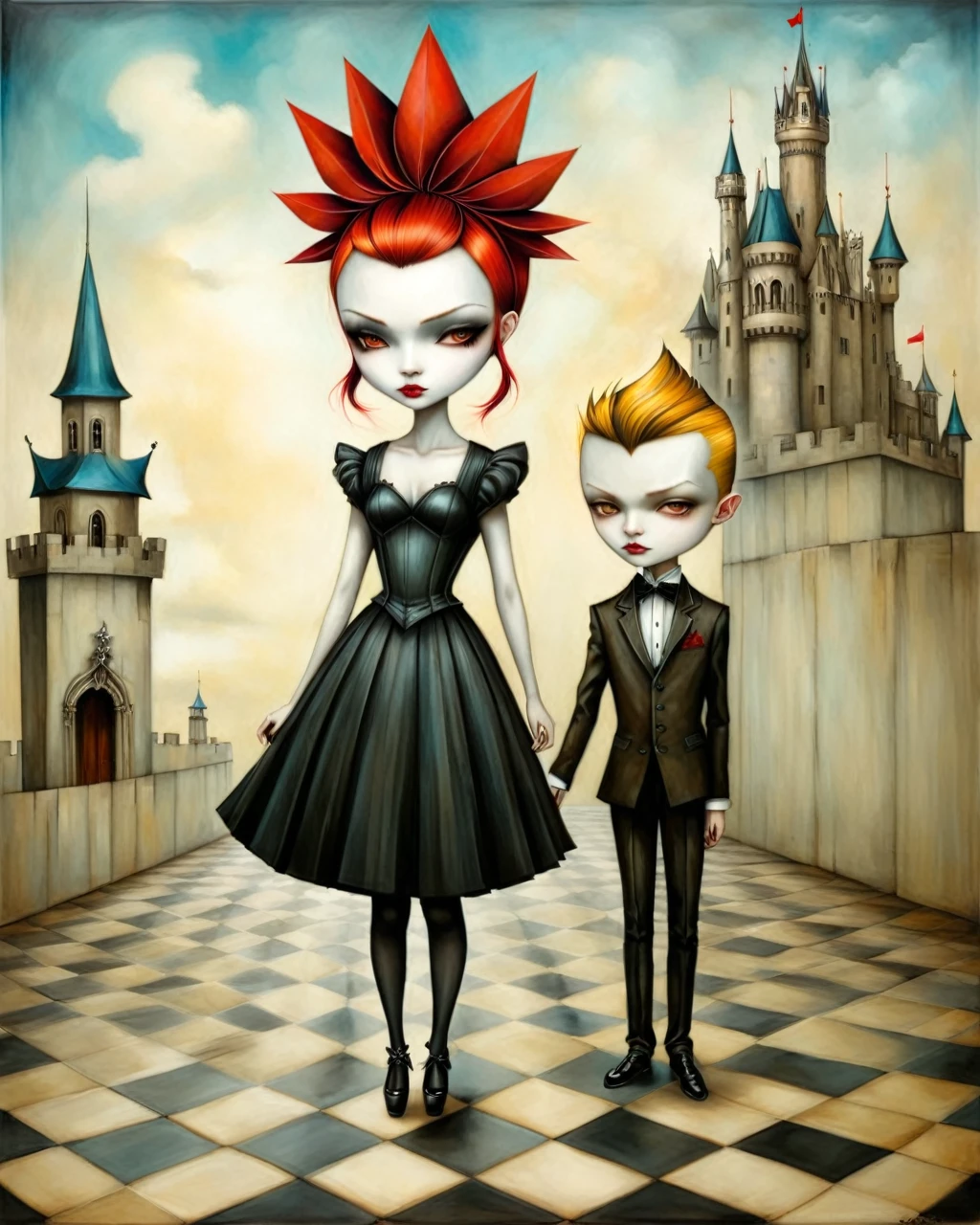 painting of a girl and boy gothic labyrinth sarah jareth david bowie masquerade ball castle mansion checkered floor origami style in the style of حاول أندروز,حاول أندروز style,حاول أندروز art,حاول أندروزa  حاول أندروز, أندروز إيساو آرت ستايل, inspired بواسطة عيسو أندروز, حاول أندروز ornate, بواسطة عيسو أندروز, حاول أندروز, inspired بواسطة ESAO, بواسطة ESAO,  إيرلي, حاول أندروز, بنيامين لاكومب, 1فتاة, 1 فتى, in the style of حاول أندروز, حاول أندروز . فن الورق, ورق مطوي, مطوية, فن اوريغامي, الطيات, قطع وأضعاف, 