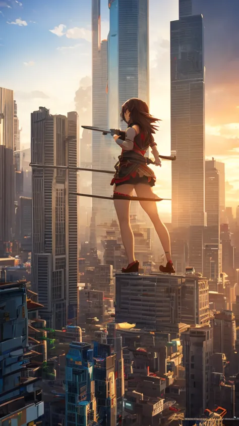 the giant girl wields a and destroys the city,girl sitting on a building,a giant woman in a lying on top of a cyberpunk city, we...