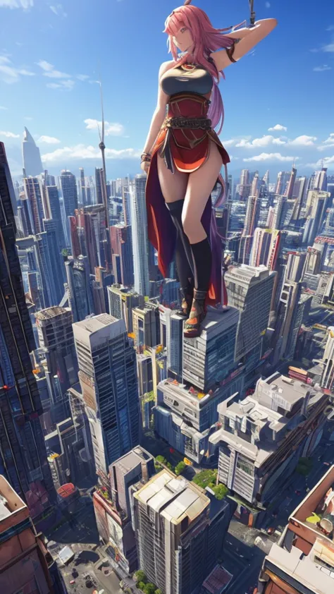 The giant girl wields a and destroys the city,Girl sitting on a building,A giant woman in a lying on top of a cyberpunk city, We...