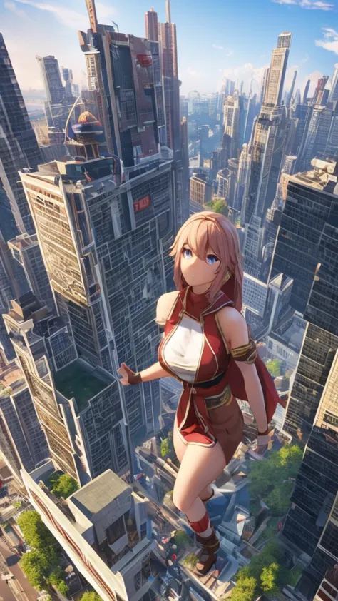 The giant girl wields a and destroys the city,Girl sitting on a building,A giant woman in a lying on top of a cyberpunk city, We...