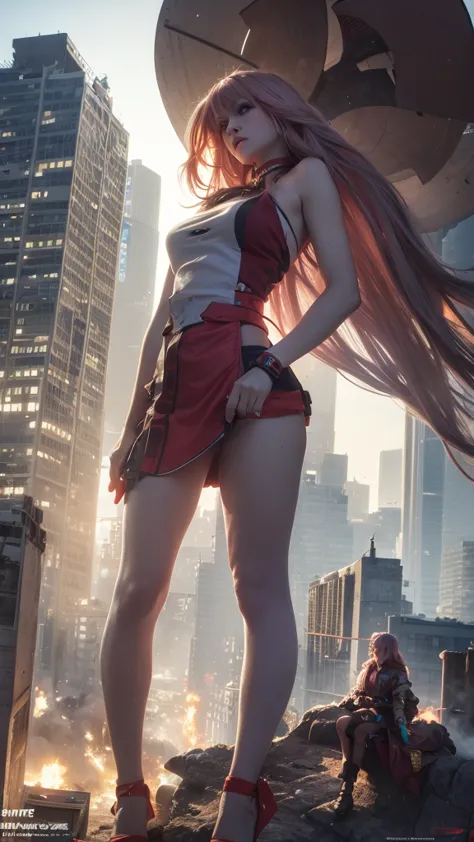 The giant girl wields a and destroys the city,Girl sitting on a building,A giant woman in a lying on top of a cyberpunk city, We...