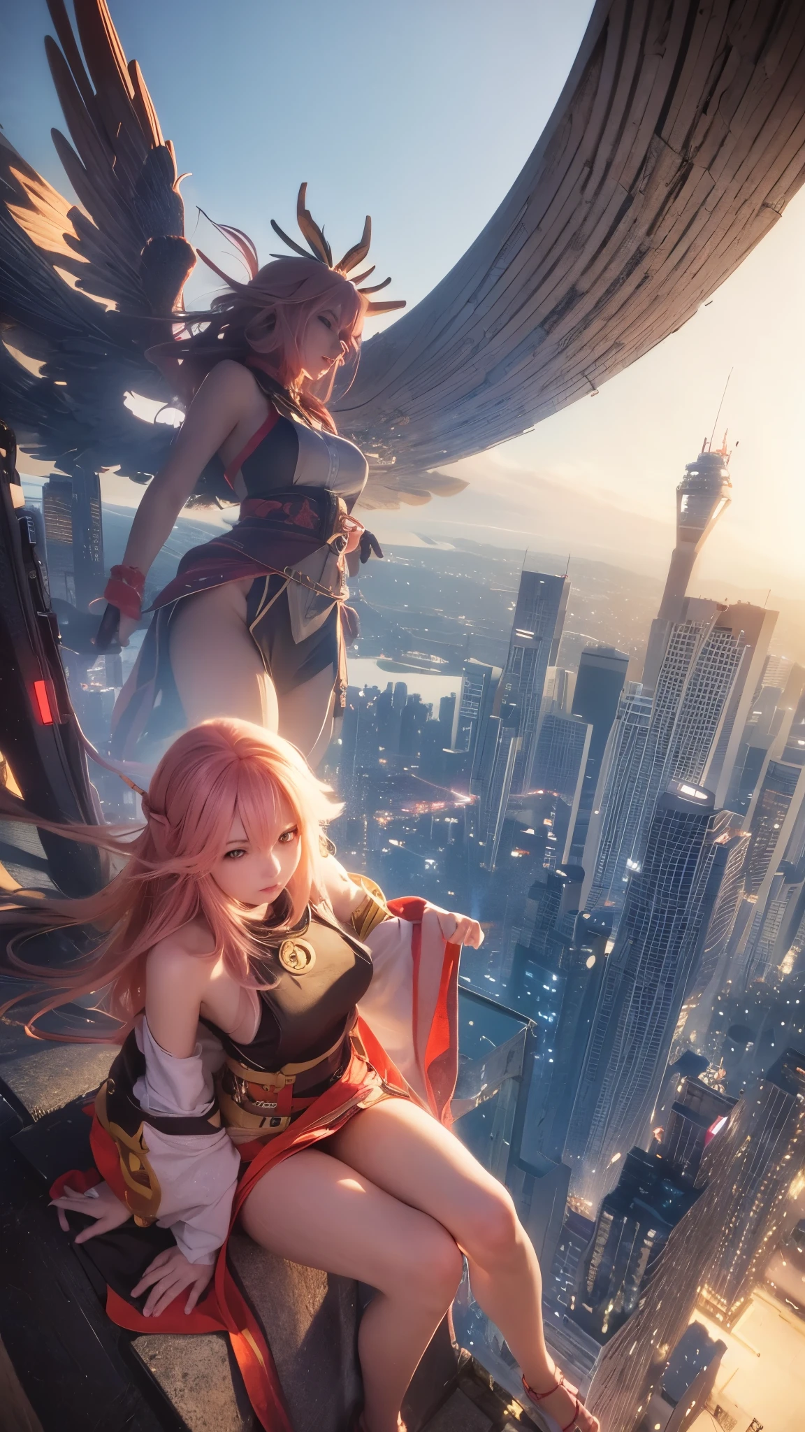 The giant girl wields a and destroys the city,Girl sitting on a building,A giant woman in a lying on top of a cyberpunk city, Wear short skirts,Little guys running around the giant girl,The little person panicked and ran away,Many cars pass by, Standing on her hand, cgsociety 9, 2. 5 d cgi fantasy art, engine rendering unreal + a goddess, full body cgsociety, artgerm ; Hyper realistic 3d content, giant art, super detailed 3d matte paintings, super detailed 3d matte paintings, realistic fantasy art, realistic 3 d anime style. Beautiful girl. Big thighs."The boy stood on the top of a high-rise building waving to the girl". Color ultra 4k.The little person panicked and ran away.Giant attack.